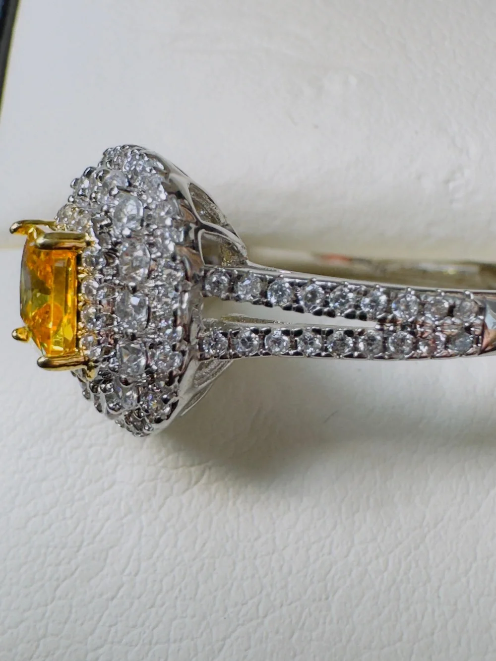 Yellow Square-Cut Halo Ring with Pavé Accents